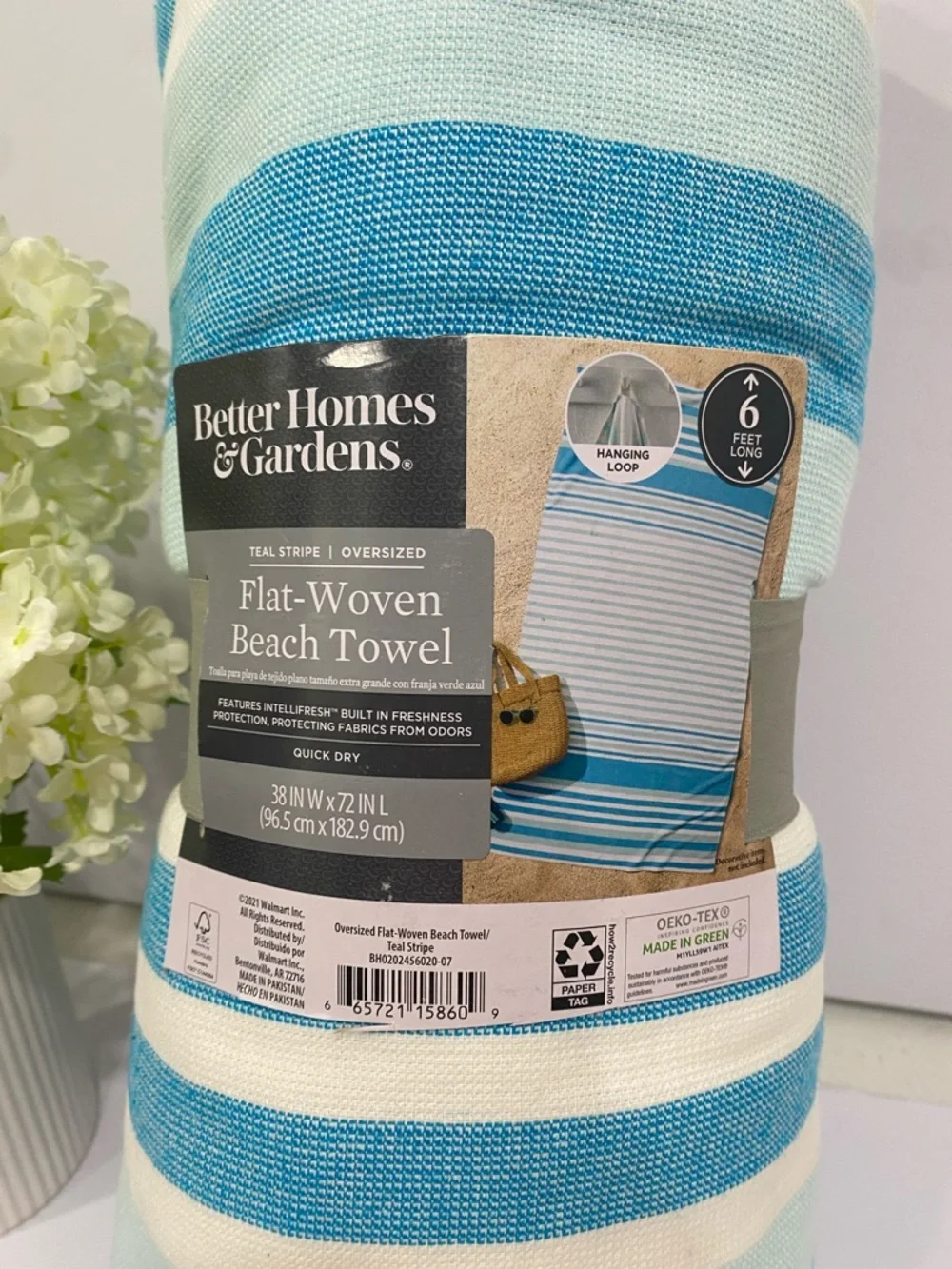 Better Homes & Gardens Flat Woven Blue White Stripe Beach Towel 38' X 72'